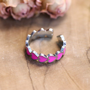 Stainless steel ring met roze hartjes - zilver