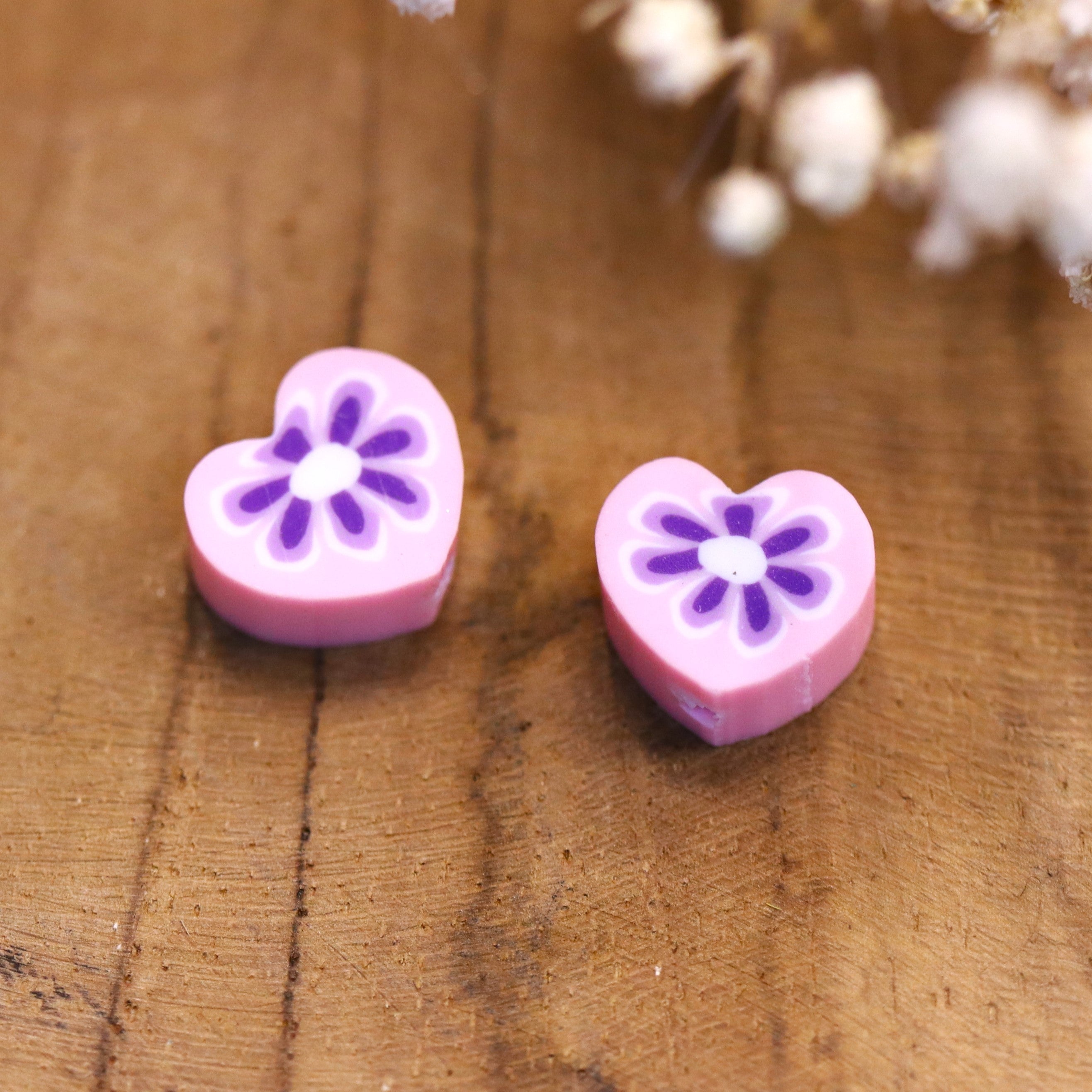 Polymer light pink heart with purple flower
