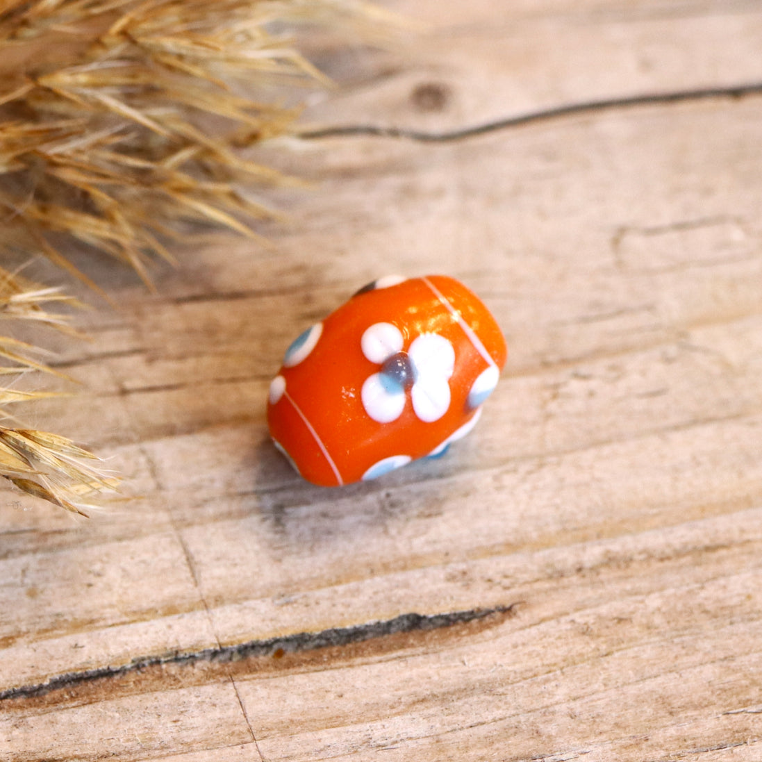 Bead orange - ceramic tube with flower decoration
