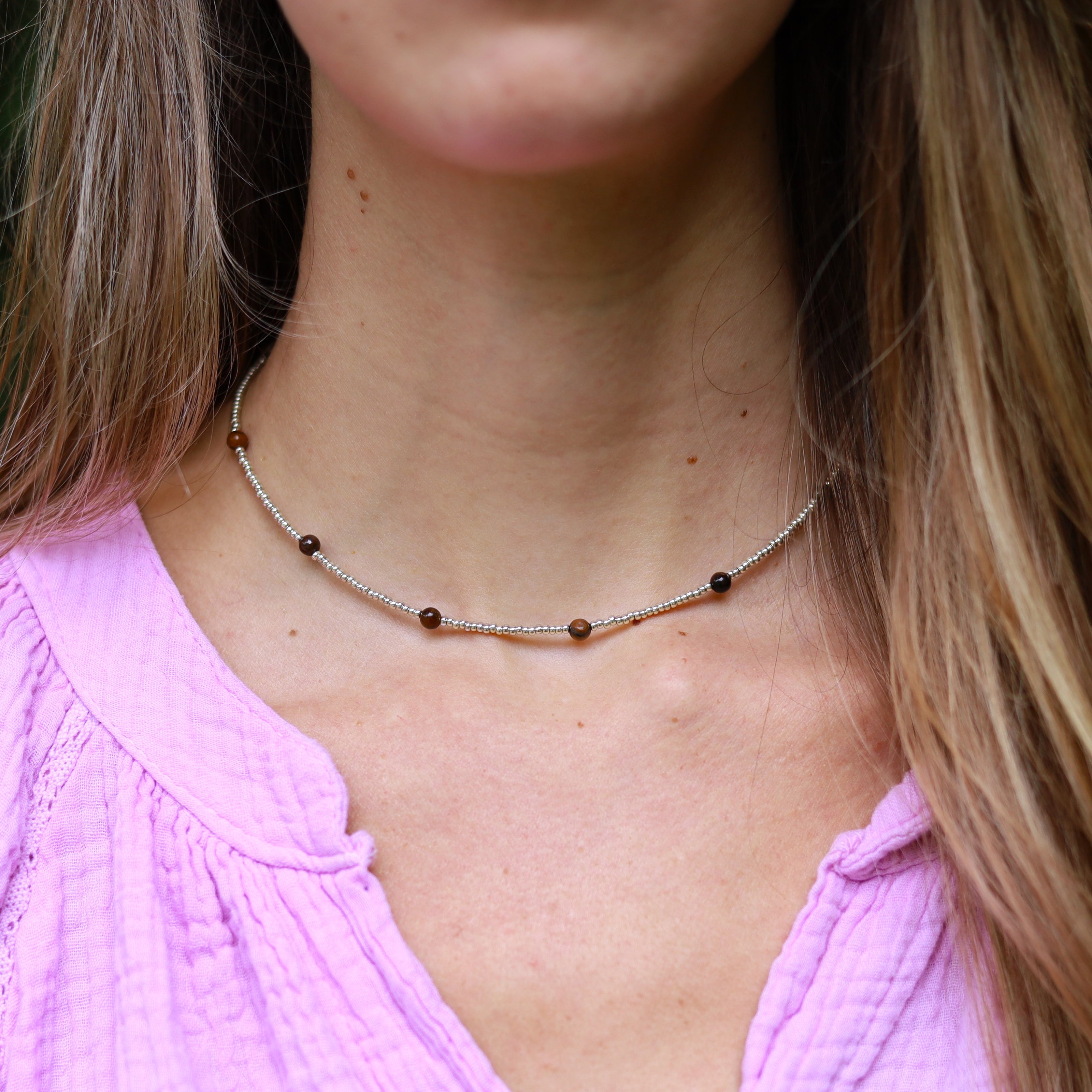 Zilveren kralenketting - tijgeroog