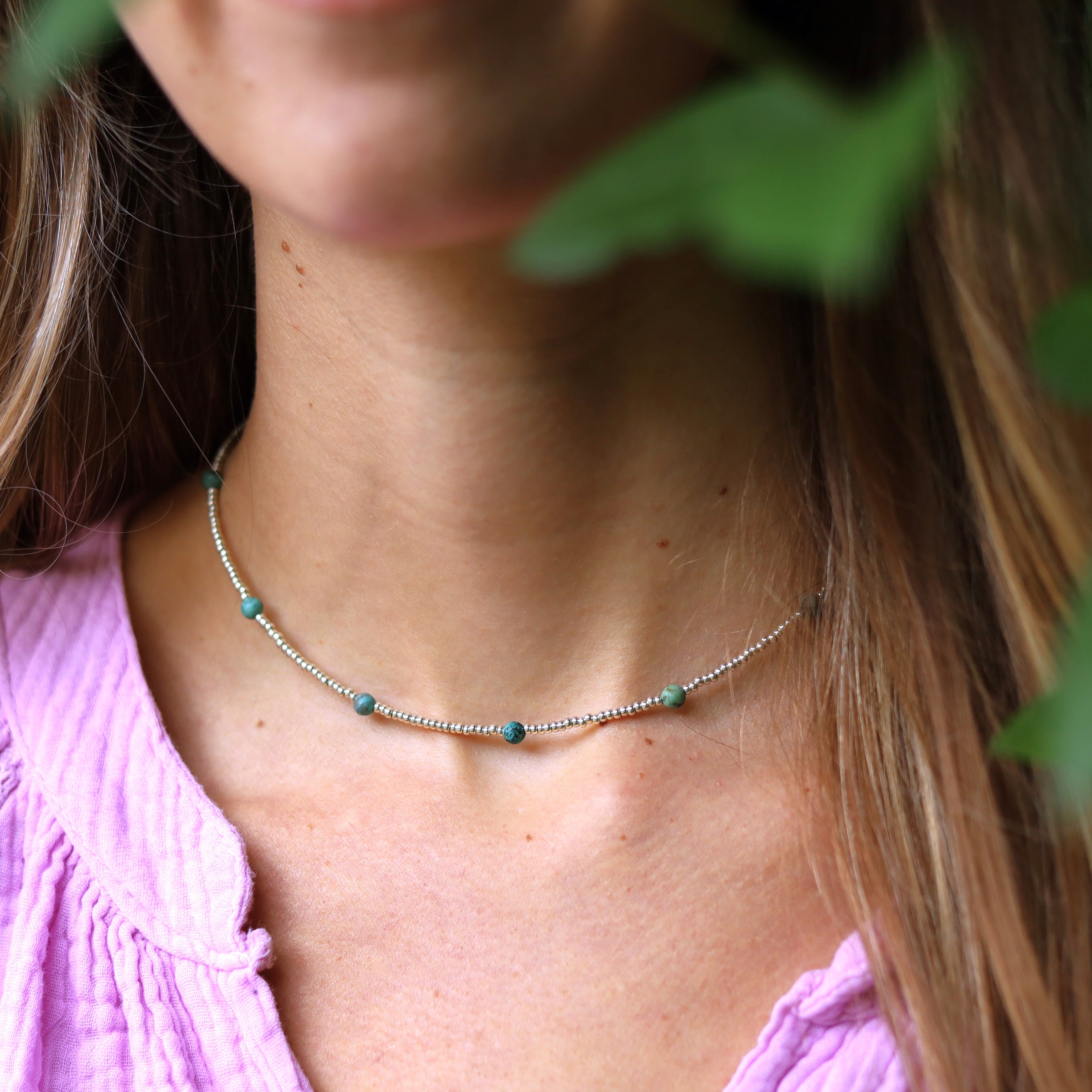Zilveren kralenketting - turkoois