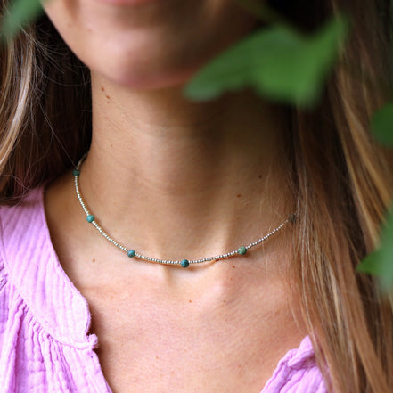 Zilveren kralenketting - turkoois