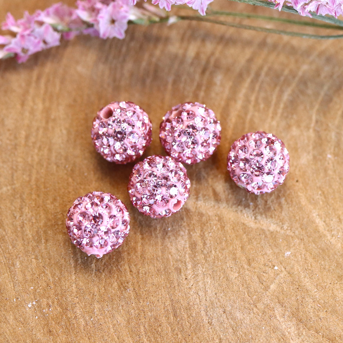 Bead pink - round with large rhinestone