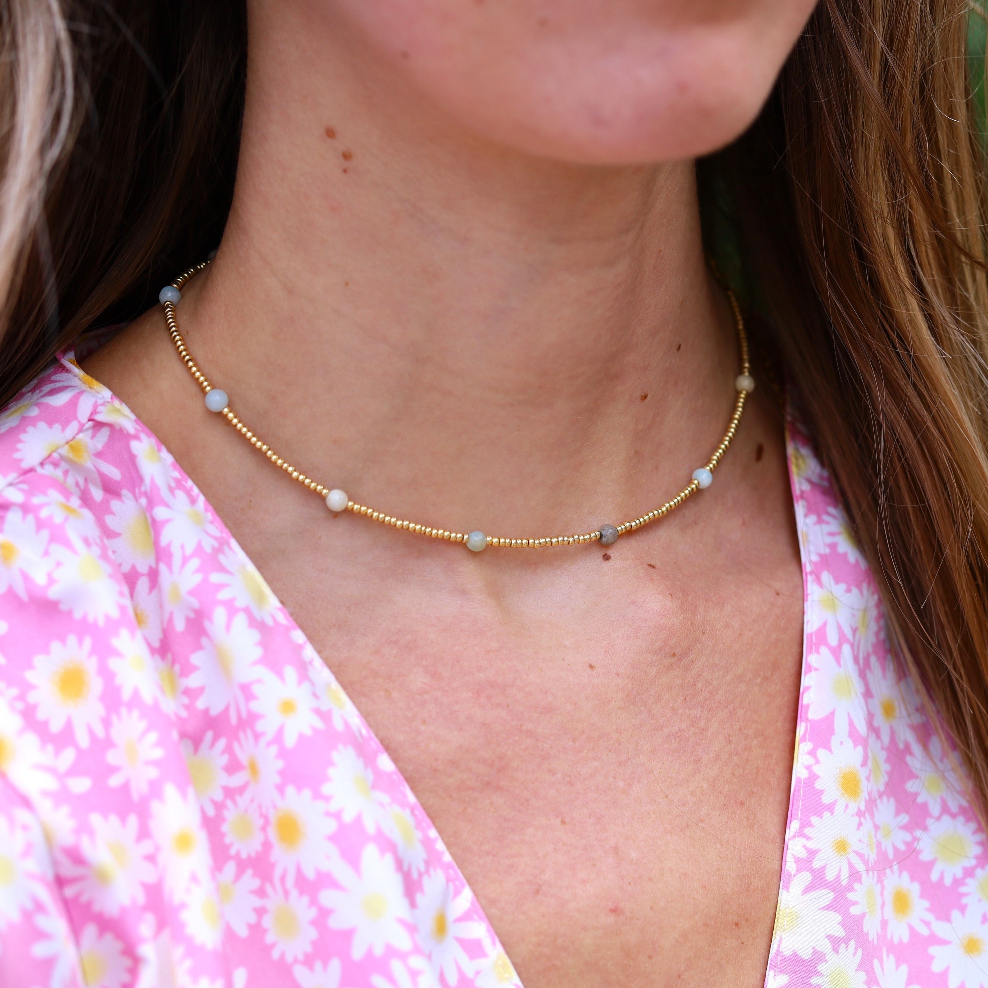 Gouden kralenketting - amazoniet