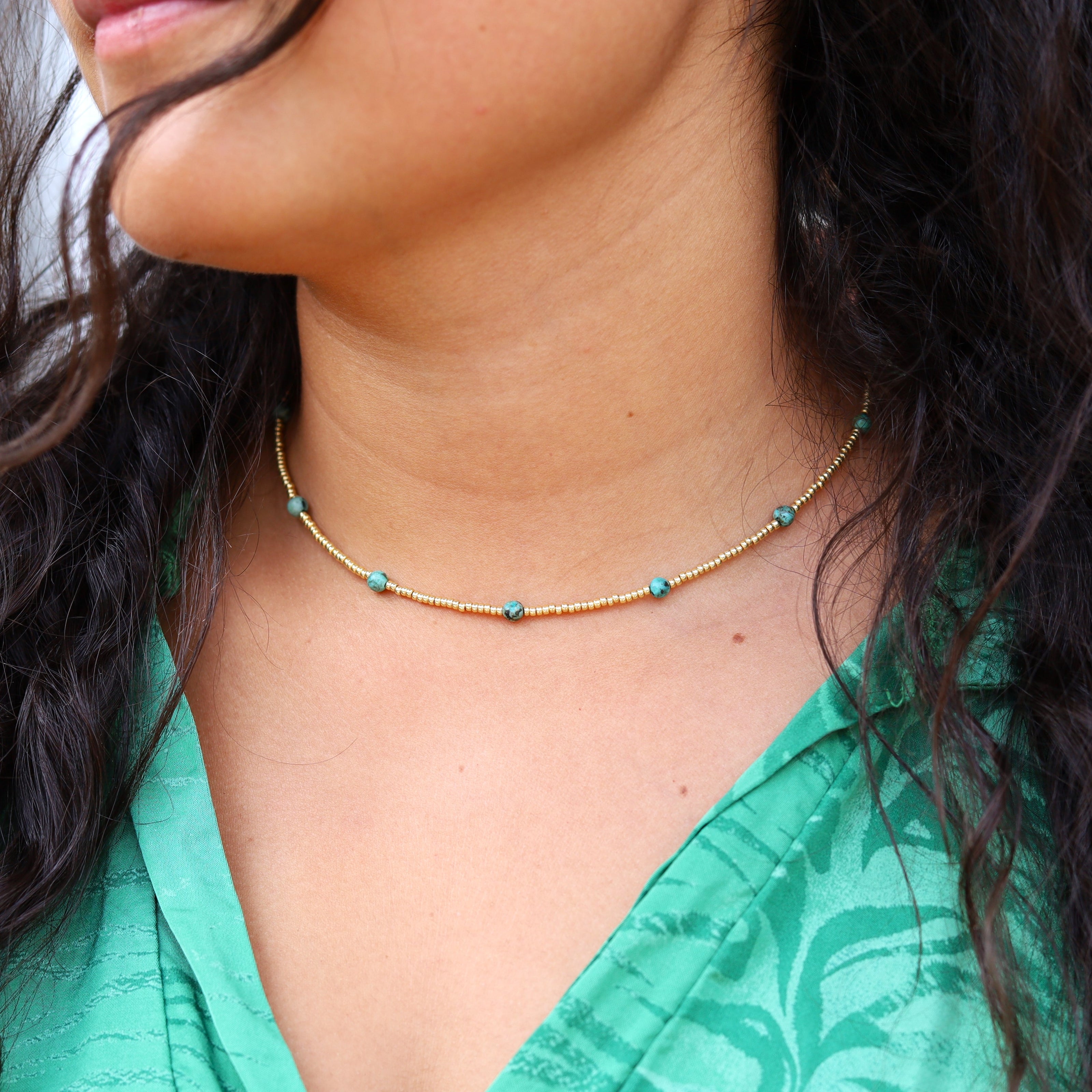 Gouden kralenketting - turkoois