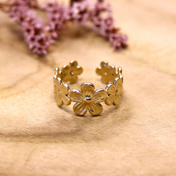 Stainless steel ring met bloemen - goud