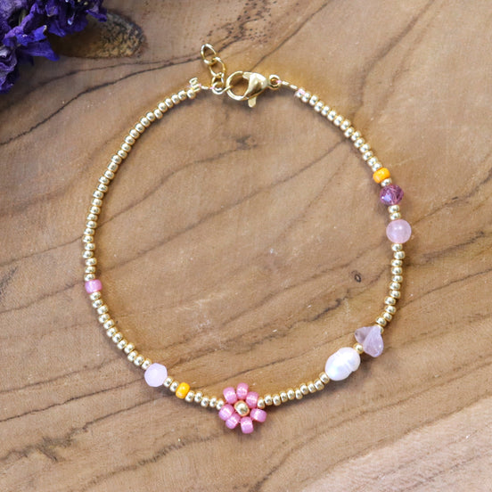 Miyuki armband goud met roze bloem