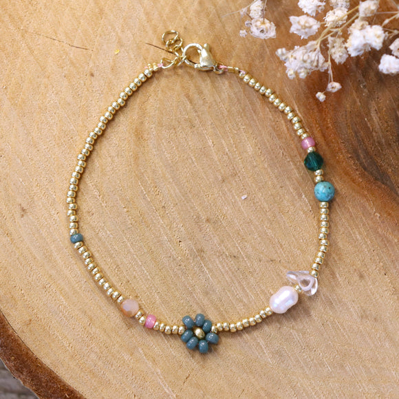 Miyuki armband goud met groene bloem