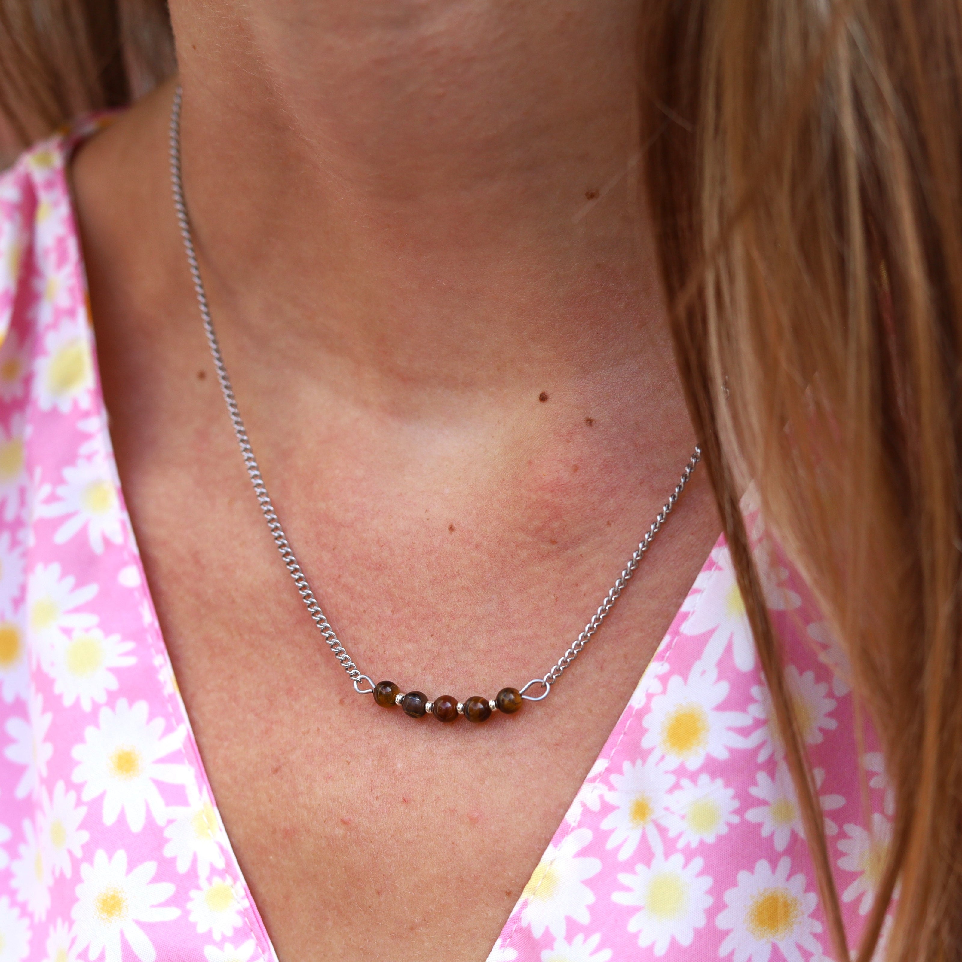 Stainless steel ketting zilver - tijgeroog