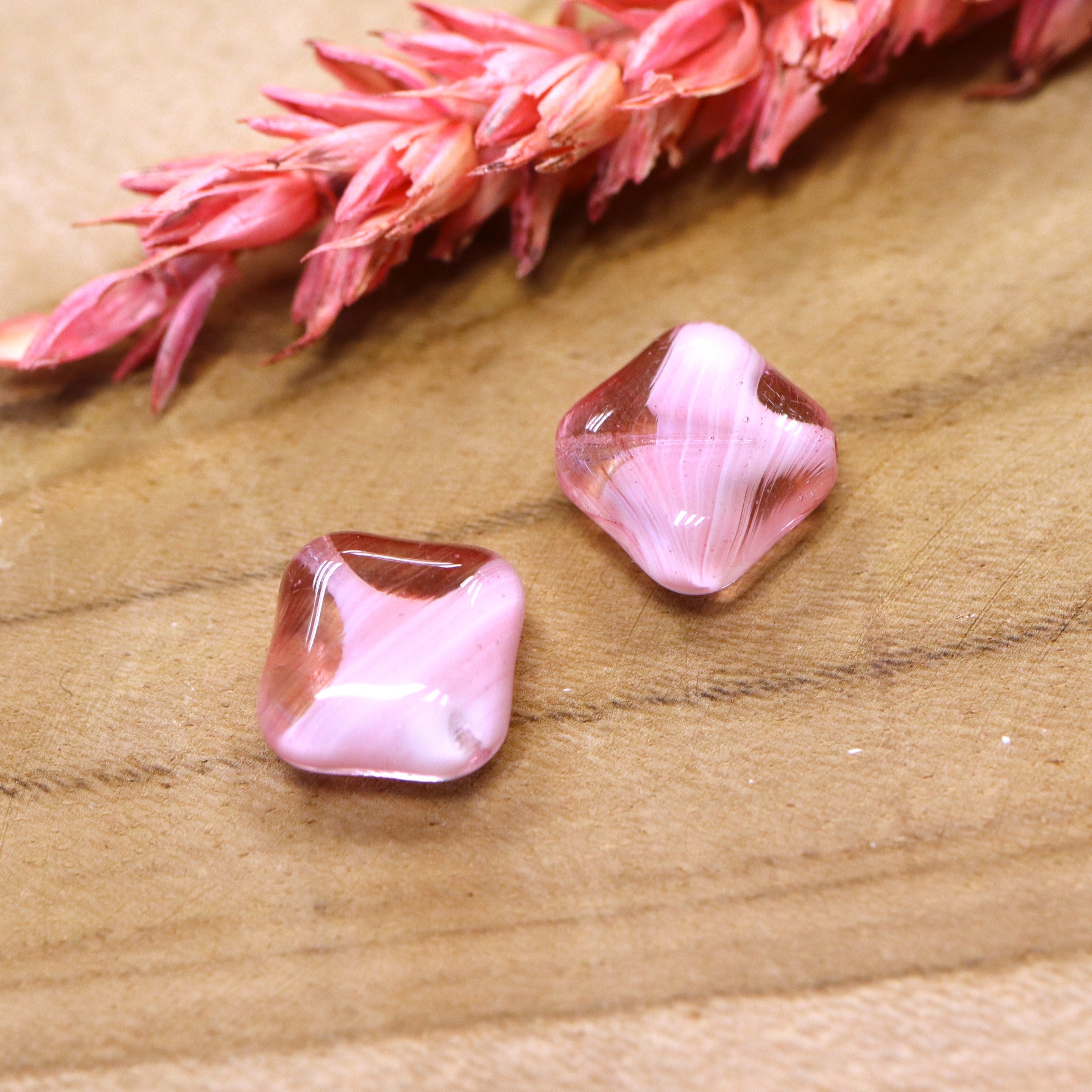 Pink bead - transparent glass bead with white swirl