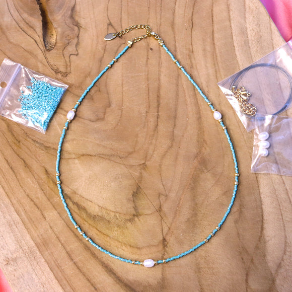DIY pakket - turquoise delica ketting met parels