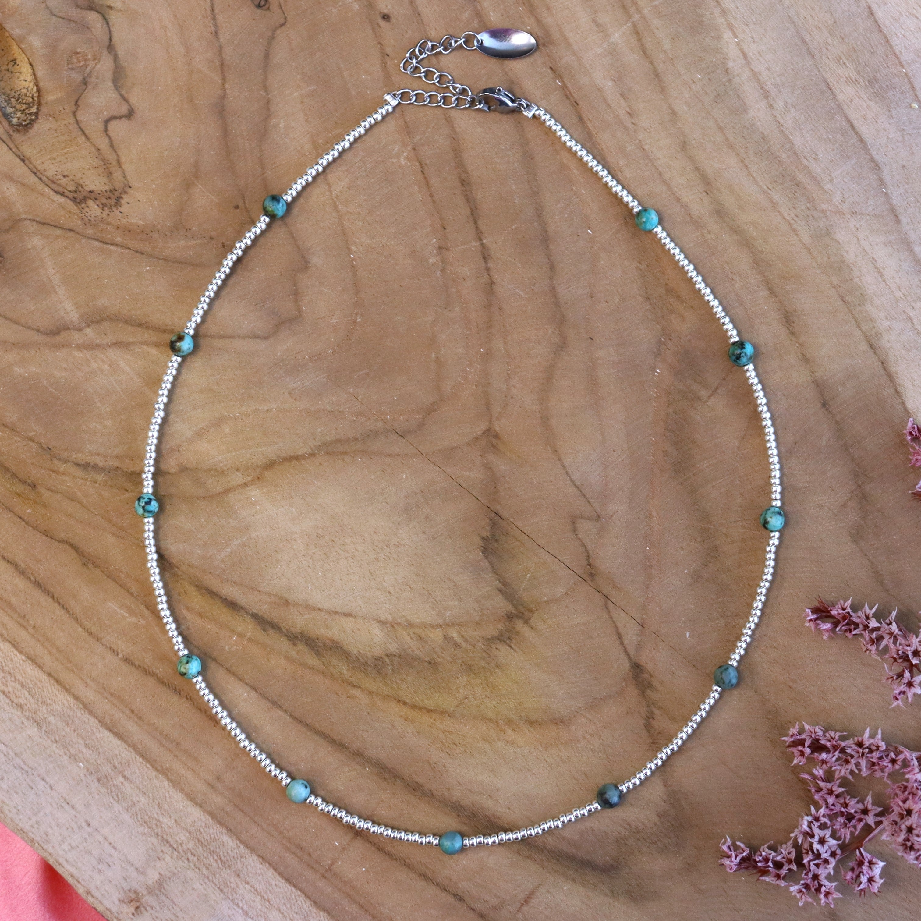 Zilveren kralenketting - turkoois