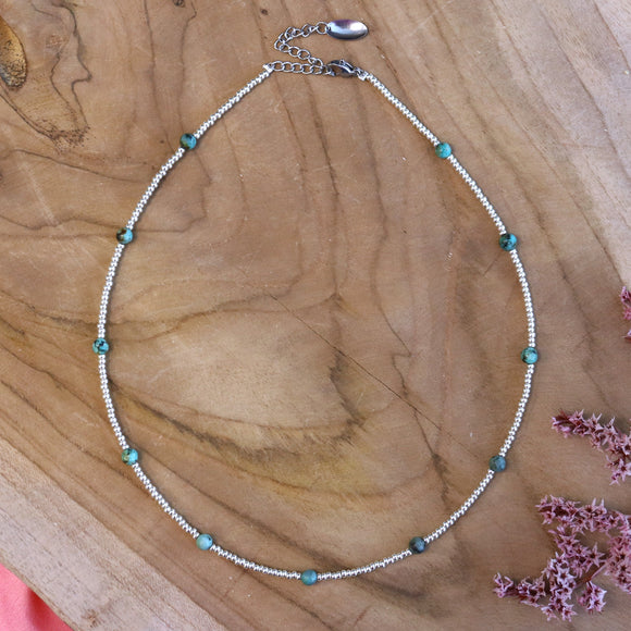 Zilveren kralenketting - turkoois