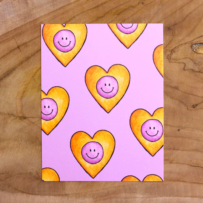Card BAYU - purple with orange smiley hearts