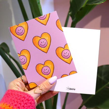 Card BAYU - purple with orange smiley hearts