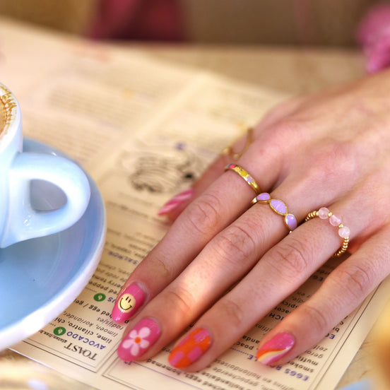 Gouden kralenring - rozenkwarts