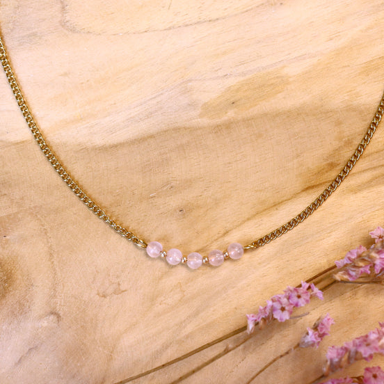 Stainless steel ketting goud - rozenkwarts
