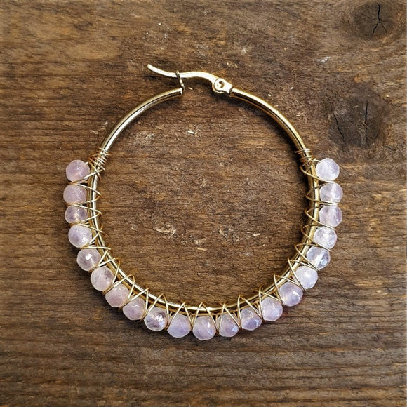 Stainless steel oorringen met rozenkwarts goud