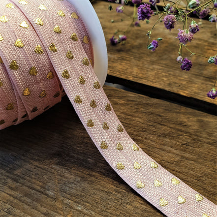Elastic Ibiza ribbon pink with gold hearts 1 meter