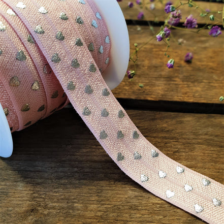 Elastic Ibiza ribbon pink with silver hearts 1 meter