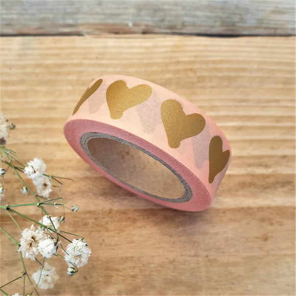Washi tape roze met gouden hartjes